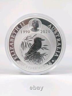 1990-2020 $30 Australian Kookaburra Kilo 9999 Fine Silver 30th Anniversary