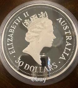 1992 1 kilo Australian Kookaburra. 999 proof Silver Coin Bullion box and COA
