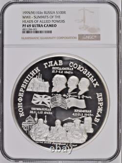 1995 Russia Silver kilo 100R coin WWII SUMMITS HEADS OF ALLIED POWERS NGC PF69
