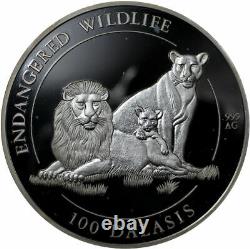 1996 $100 Gambia Endangered Wildlife Lion Family 1 Kilo. 999 Silver Coin