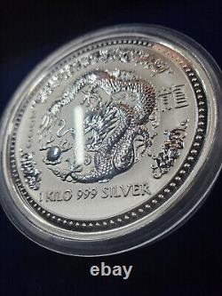 2000 1 Kilo. 9999 Fine Silver Lunar Year Of The Dragon In Capsule Perth Mint