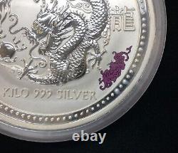 2000 Australian Bullion 1 Kilo Silver Dragon Golden Diamond Eyes Coin Perth Mint