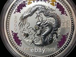 2000 Australian Bullion 1 Kilo Silver Dragon Golden Diamond Eyes Coin Perth Mint