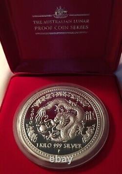 2000 Proof Australia 1 Kilo Lunar Dragon Silver Coin Rare withBox & Certificate