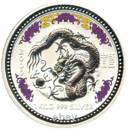 2000P Australia Silver Kilo Year of The Dragon Colorized with Diamond Eyes #1888