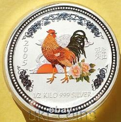 2005 Australia Lunar Year of the Rooster 1/2 Kilo Kg $15 Silver Colored Coin COA