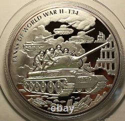 2008 Liberia 1 Kilo Silver Proof Coin Russia USSR Soviet Tank T-34 WWII War $100