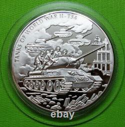2008 Liberia 1 Kilo Silver Proof Coin Russia USSR Soviet Tank T-34 WWII War $100