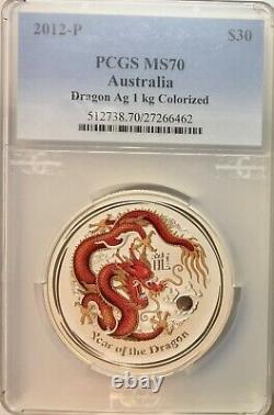 2012-P $30 Australia 1 Kilo Silver Dragon Colorized Gemstone Ruby PCGS MS-70