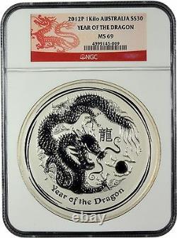 2012-P Year of the Dragon $30 1 Kilo silver coin graded NGC MS 69 Dragon Label