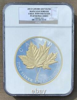 2013 1Kilo. 9999 Silver & Gold Inlaid Canada $250 Gilt Maple Leaf NGC PF69 UCAM