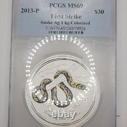 2013 P Australia Colorized Snake 1 KG Kilo 999 Fine Silver Ms69 First Strike