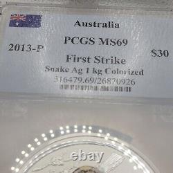 2013 P Australia Colorized Snake 1 KG Kilo 999 Fine Silver Ms69 First Strike