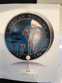 2015 1 Kilo. 999 Fine Silver Elephant Giant Moon Edition Somalia Enameled Coin