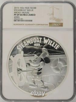 2015 Niue $100 Mickey Mouse Steamboat Willie (1 Kilo Silver) NGC PF69UC