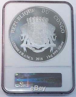 2016 Congo African Lion 1 Kilo. 999 Fine Silver 150,000 Francs Coin NGC MS69
