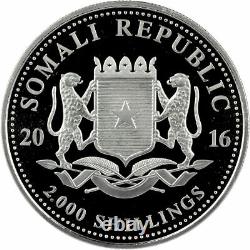 2016 Somalia 2,000 Shillings African Wildlife Elephant Kilo. 999 Silver Coin