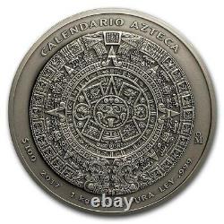 2017 Mexican Mint 1 kilo Silver Aztec Calendar Coin Antiqued Finish Box and COA
