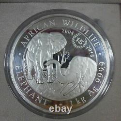 2018 Somalia 1 Kilo. 999 Silver 2,000 Shillings African Wildlife Elephant
