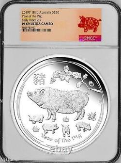 2019 Australia Lunar Year of the PIG 1 Kilo PROOF Silver $30 Coin NGC PF 69