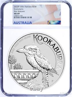 2022 Kookaburra 1 Kilo. 9999 Silver $30 Coin NGC MS69 First Release 32.2oz Flag