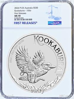 2024 Kookaburra 1 Kilo. 9999 Silver $30 Coin NGC MS70 32.2oz Blue Label FR