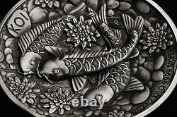 Koi Fish 2023 2 Kilo 9999 Pure Silver Antiqued High Relief $60 Coin 200-mintage