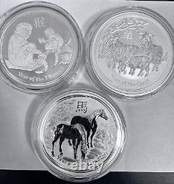 Lunar Kilo Silver Collection, Horse, Monkey And Goat. 3 Kilo Silver. In Capsule