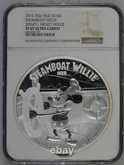Mickey Mouse Disney Steamboat Willie 2015 1kilo Niue $100 Silver Coin Pf 69 Uc