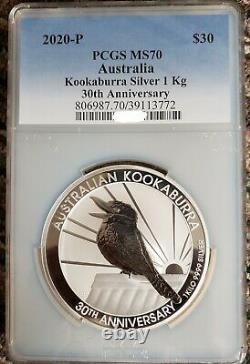 PCGS MS70 2020 Kookaburra. 9999 Silver Kilo Coin Australia $1 FINEST KNOWN POP 1