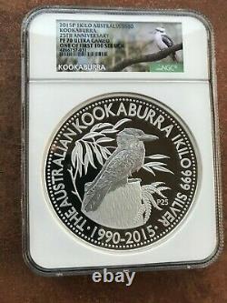 1 Kilo Silver, 2015p, Proof Australia Kookaburra, Pf70uc, Ngc 30 $, Ogp/coa, 25th Annv