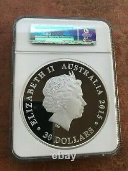 1 Kilo Silver, 2015p, Proof Australia Kookaburra, Pf70uc, Ngc 30 $, Ogp/coa, 25th Annv
