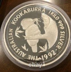 1992 1 Kilo D'australien Kookaburra. 999 Preuve Silver Coin Bullion Boîte Et Coa