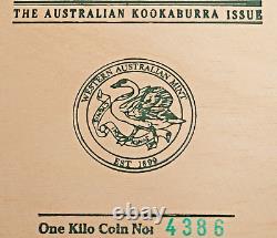 1992, Australie. Énorme pièce en argent de 30 dollars Kookaburra (1 kilo) avec boîte et certificat d'authenticité (COA).