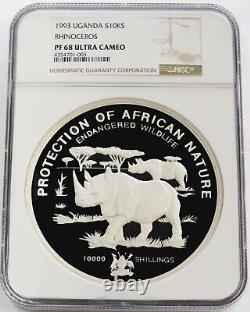 1993 Argent Ouganda 10 000 Shillings Rhinocéros Kilo Ngc Pf 68 Ultra Cameo