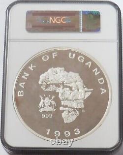 1993 Argent Ouganda 10 000 Shillings Rhinocéros Kilo Ngc Pf 68 Ultra Cameo