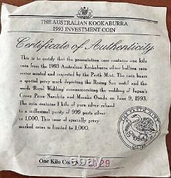 1993 Kilo d'argent australien Kookaburra avec boîte, marque de privauté pour le mariage royal du Japon.