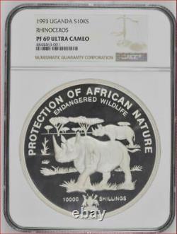 1993 Ouganda Argent 1kilo Protection De La Faune Rhinocéros Ngc Pr69 Meilleure Catégorie 1