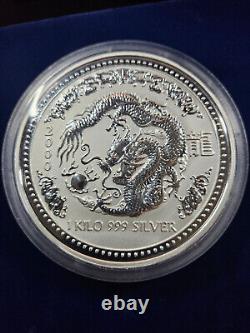 2000 1 Kilo. 9999 Argent Fin Année Lunaire du Dragon en Capsule Perth Mint