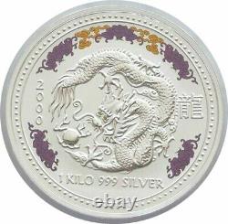 2000 $30 AUSTRALIE DRAGON 1 KILO ARGENT COLORÉ DIAMANT PIERRE PRÉCIEUSE ŒIL Boîte COA