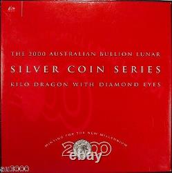 2000 $30 AUSTRALIE DRAGON 1 KILO ARGENT COLORÉ DIAMANT PIERRE PRÉCIEUSE ŒIL Boîte COA