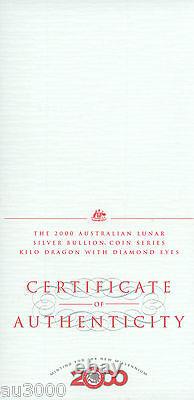 2000 $30 AUSTRALIE DRAGON 1 KILO ARGENT COLORÉ DIAMANT PIERRE PRÉCIEUSE ŒIL Boîte COA