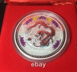 2000 30 $ Australia Lunar Dragon 1 Silver Colorisé De Kilo Avec Aides Diamond, Box&coa