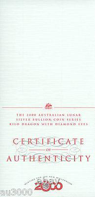 2000 30 $ Australie Dragon 1 Kilo Colorizé Silver Diamond Gemstone Eye Box Coa