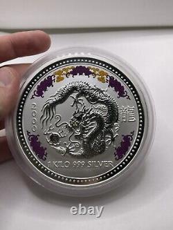 2000 Australian Bullion 1 Kilo Silver Dragon Yeux de Diamant Dorés Pièce Perth Mint