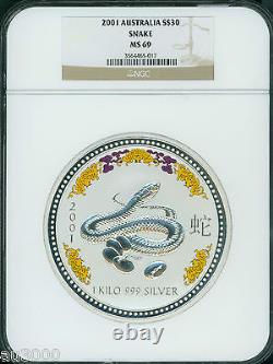 2001 $30 Australie Serpent colorisé 1 kilo d'argent avec un œil en pierre précieuse de diamant Ngc Ms69