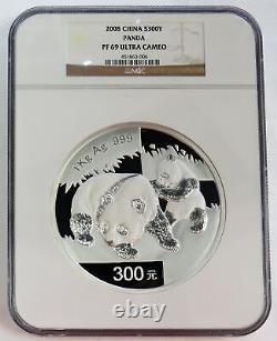 2008 Silver China 300 Yuan Proof 1 Kilo KG Panda Coin Ngc Pf 69 Ultra Cameo