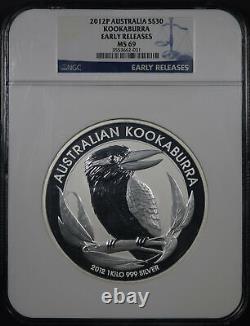 2012-P Australie 30 $ Argent Kookaburra 1 Kilo NGC MS-69 Première émission