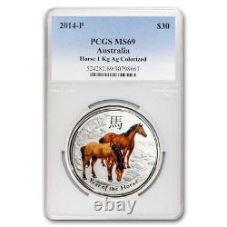 2014 AUS 1 Kilo Argent Lunar Cheval MS-69 PCGS (Yeux en Pierre Précieuse)