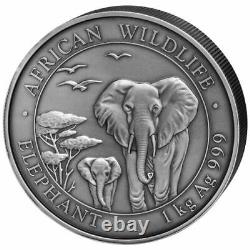 2015 1 Kilo Somalia Silver Elephant Coin (bu, Finition Antique, 200 Mintage)